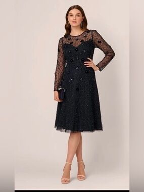 Adrianna Papell Long Sleeve Illusion Floral Beaded Midi Dress Navy Blue. 12P.